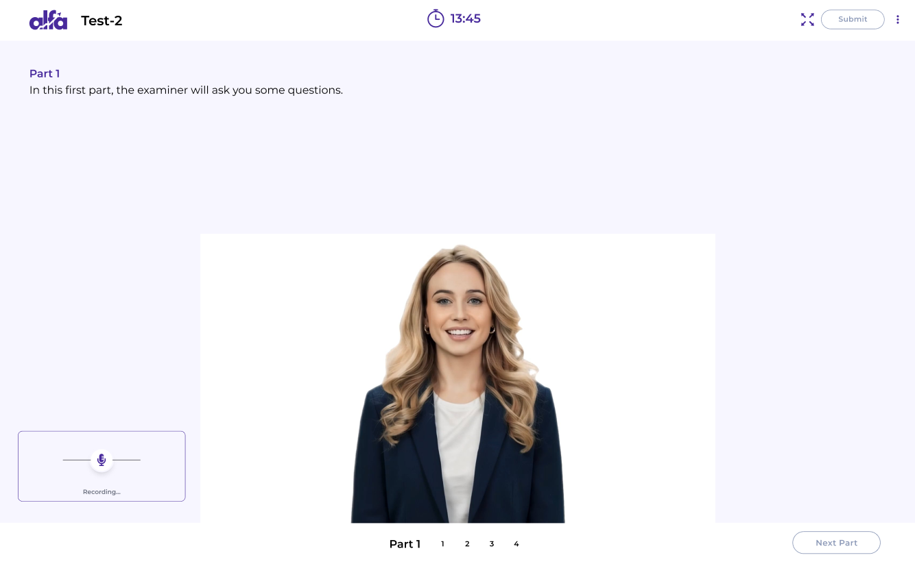 LanguageCert sectional practice interface with exam module selection