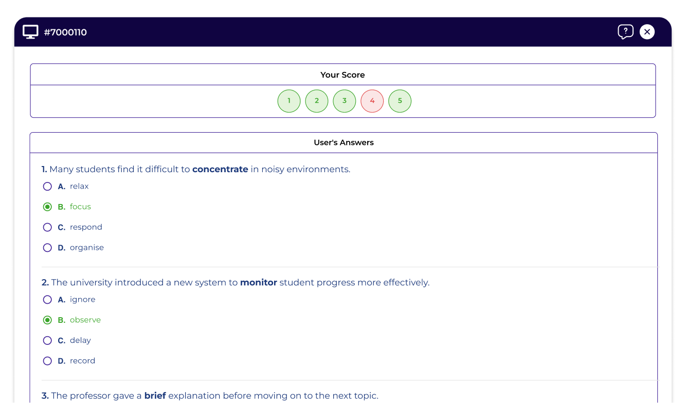 LanguageCert score insights panel with detailed answer review and analysis