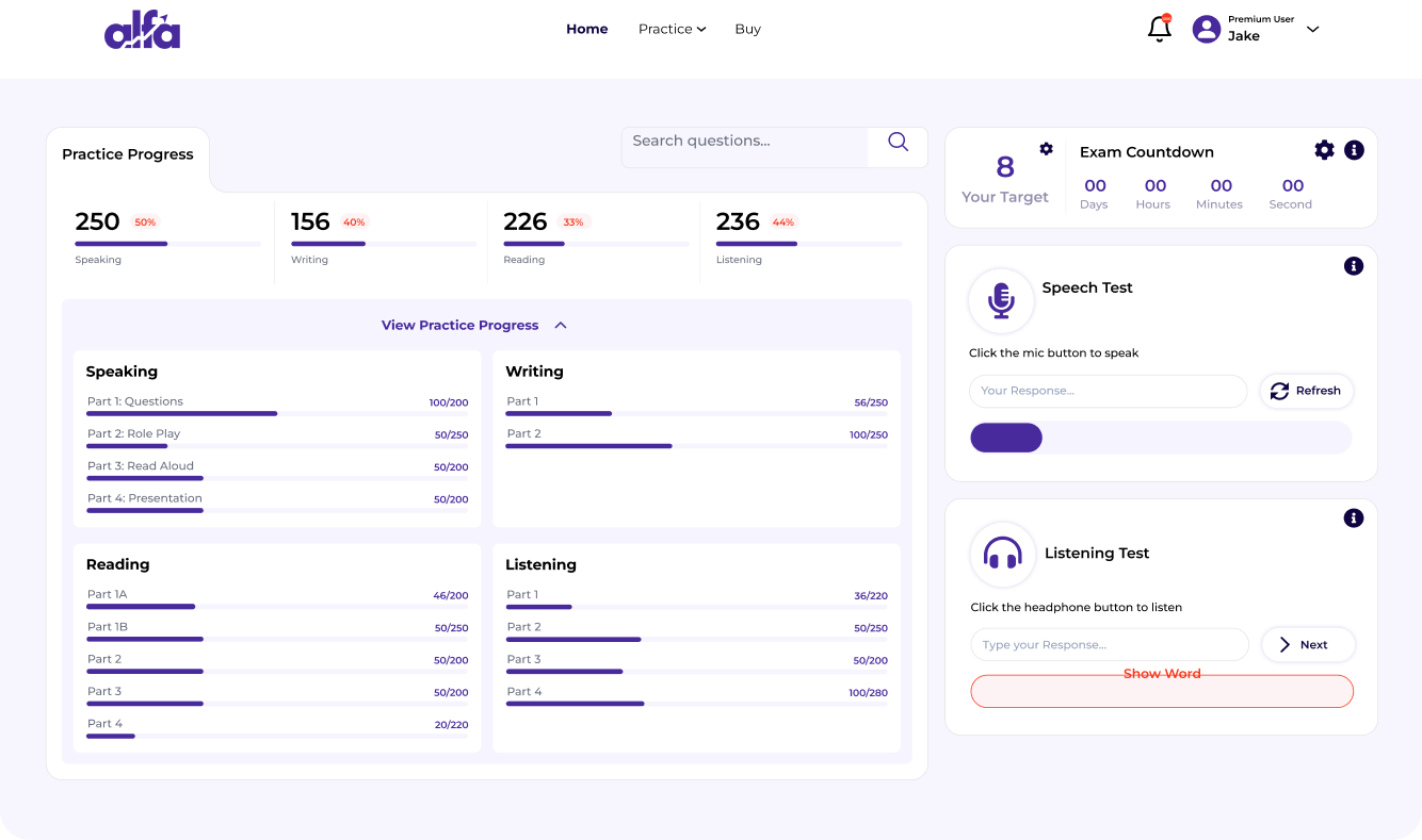 LanguageCert progress dashboard displaying practice statistics and score trends