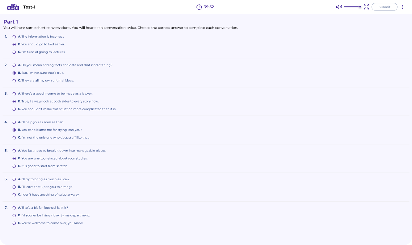 LanguageCert reading test question interface with comprehension tasks