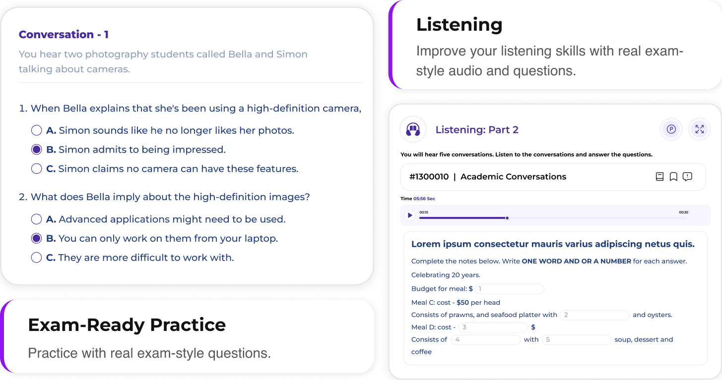 LanguageCert listening practice test screen showing audio-based questions and multiple choice answers