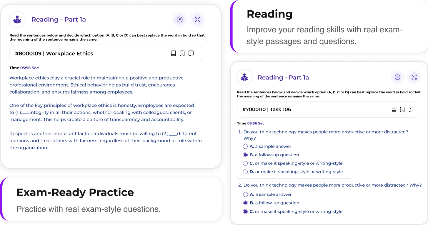 LanguageCert reading practice test interface with passage-based questions and answer selection