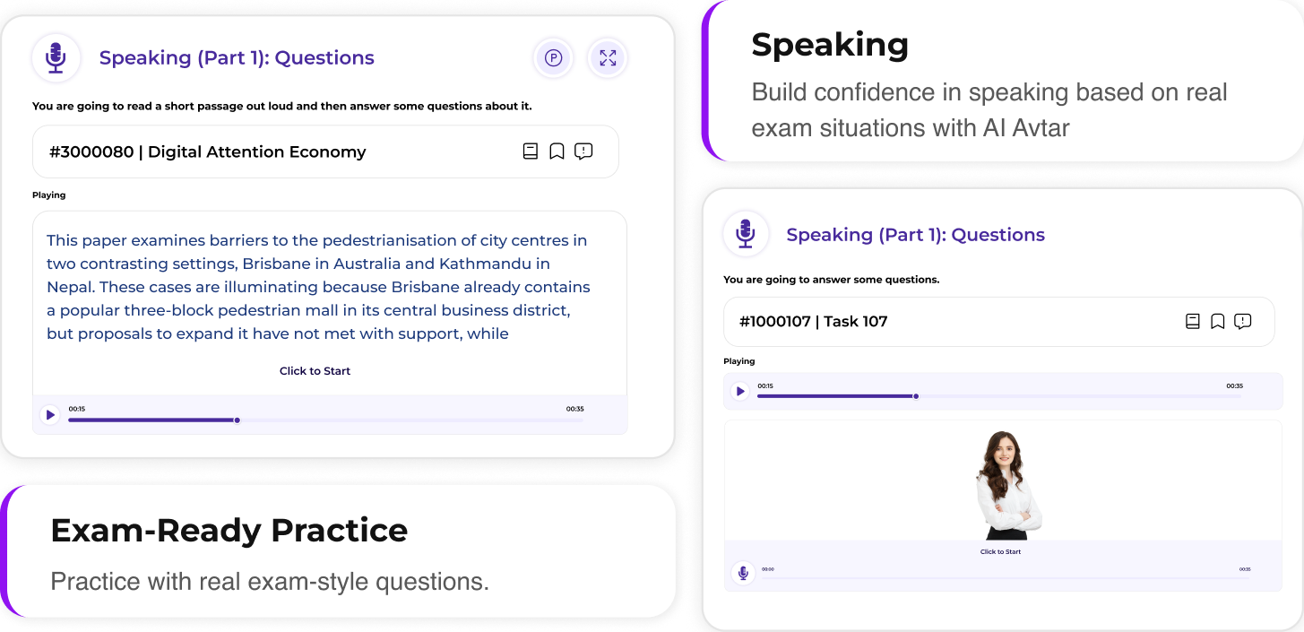 LanguageCert speaking practice test interface with AI avatar and voice-based question response