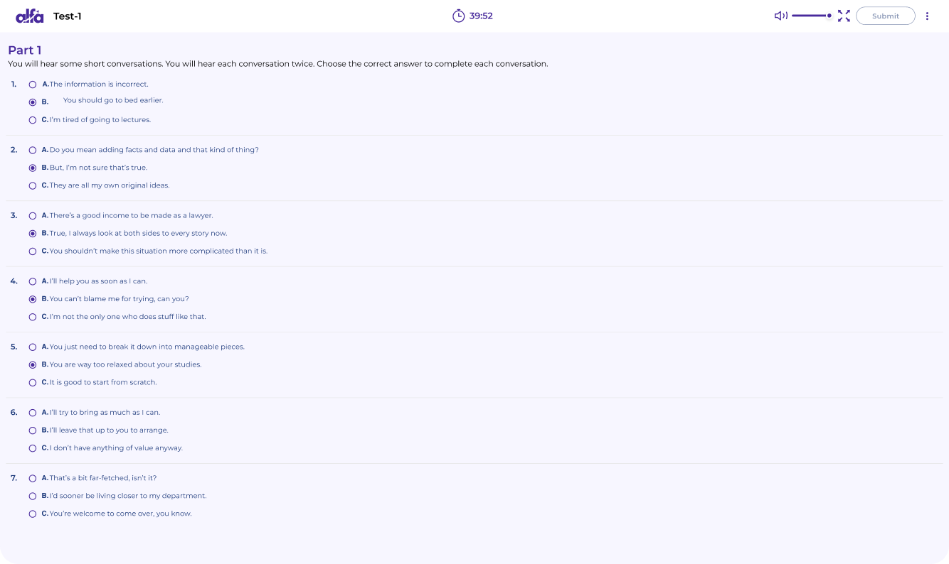 LanguageCert listening test question screen