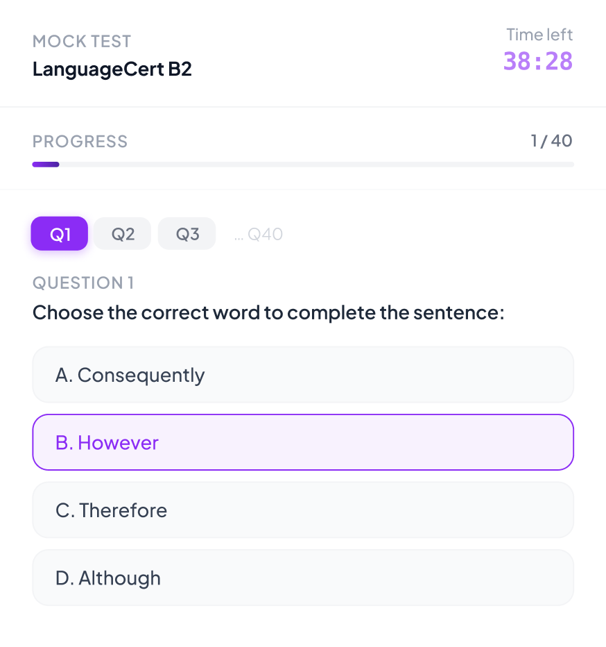 LanguageCert mock test interface showing multiple choice grammar question with answer selection and timer