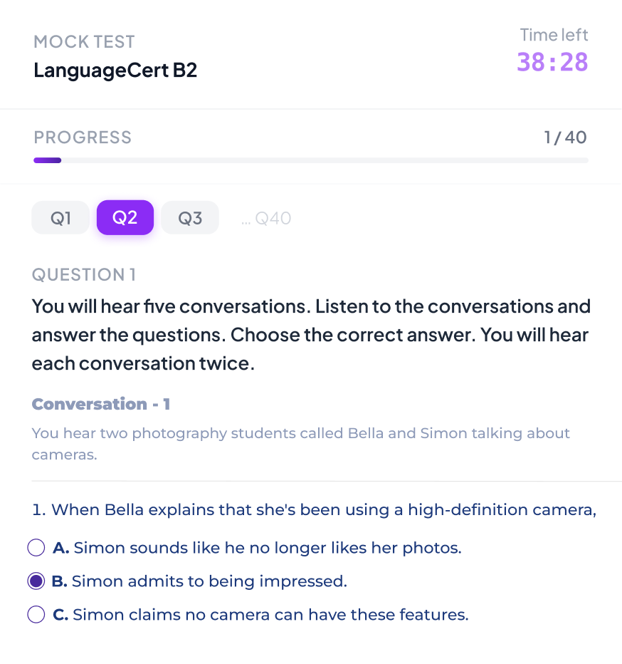 LanguageCert listening practice test with conversation audio questions and multiple choice answers