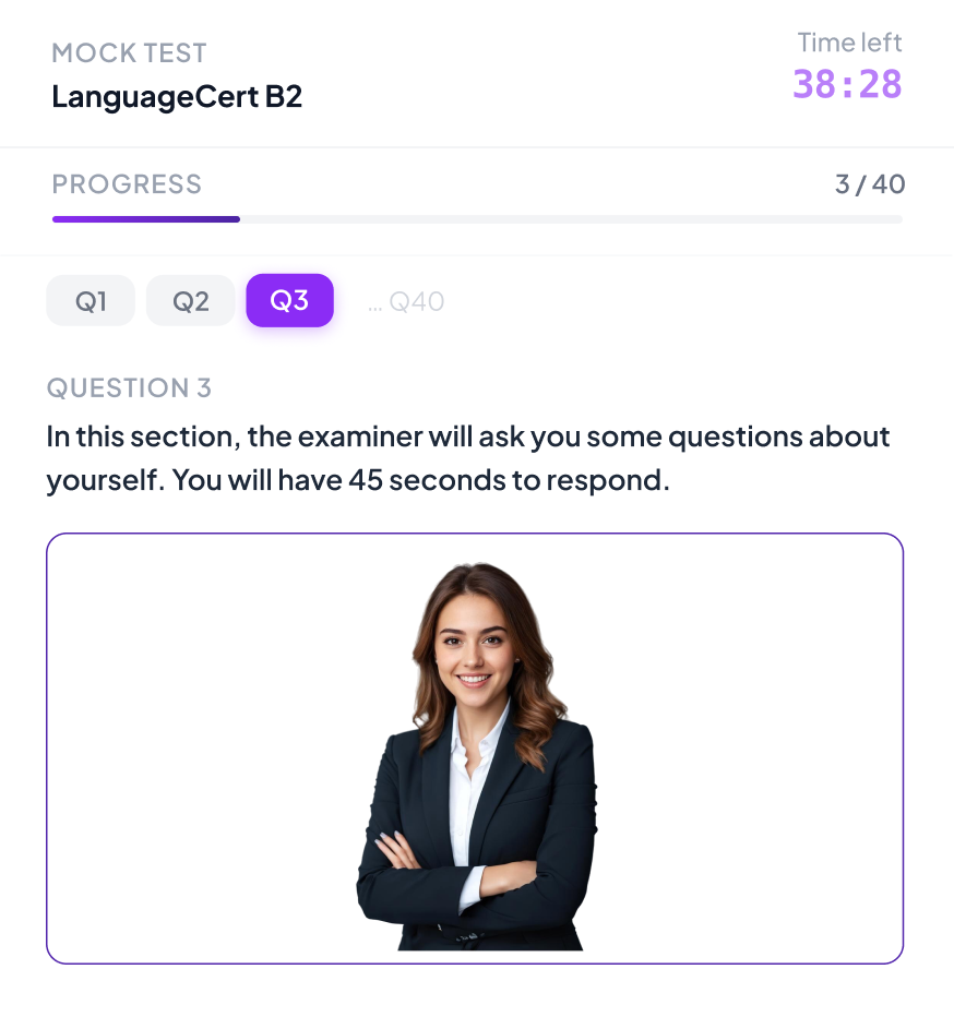 LanguageCert speaking practice test screen with AI avatar asking questions for voice response